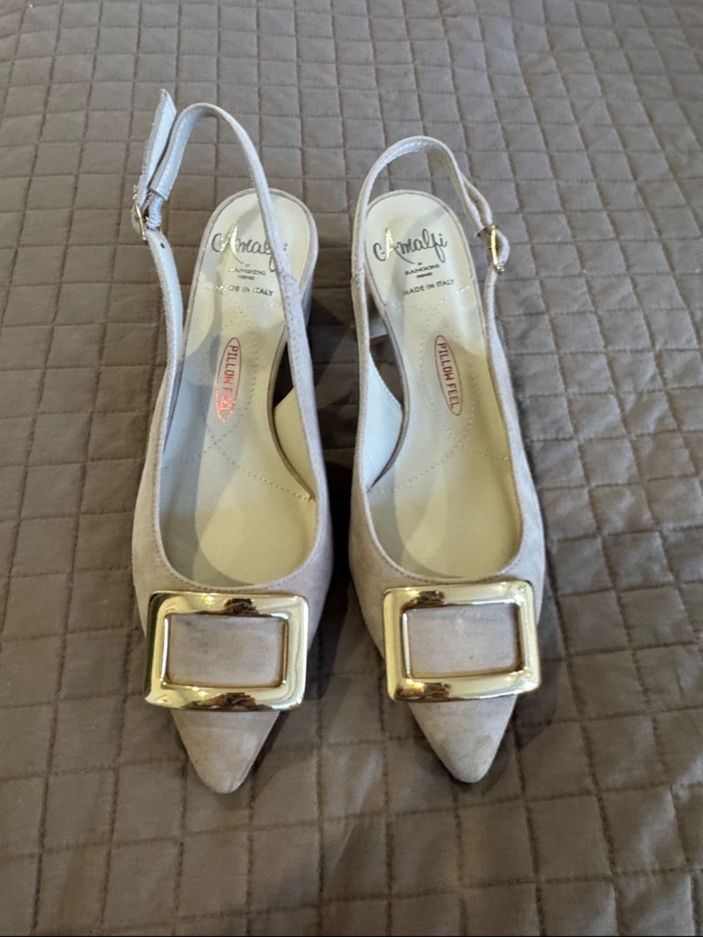 Amalfi Taupe Suede Pointed-Toe Slingback Pumps with Gold Buckle